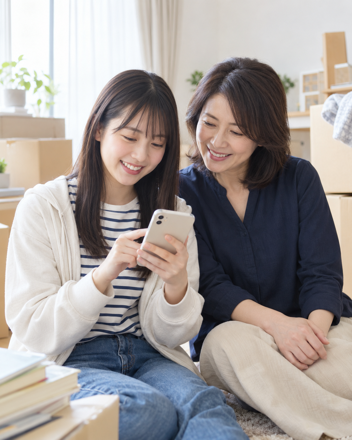 引っ越しの準備をしながら、親子でスマートフォンを見る様子