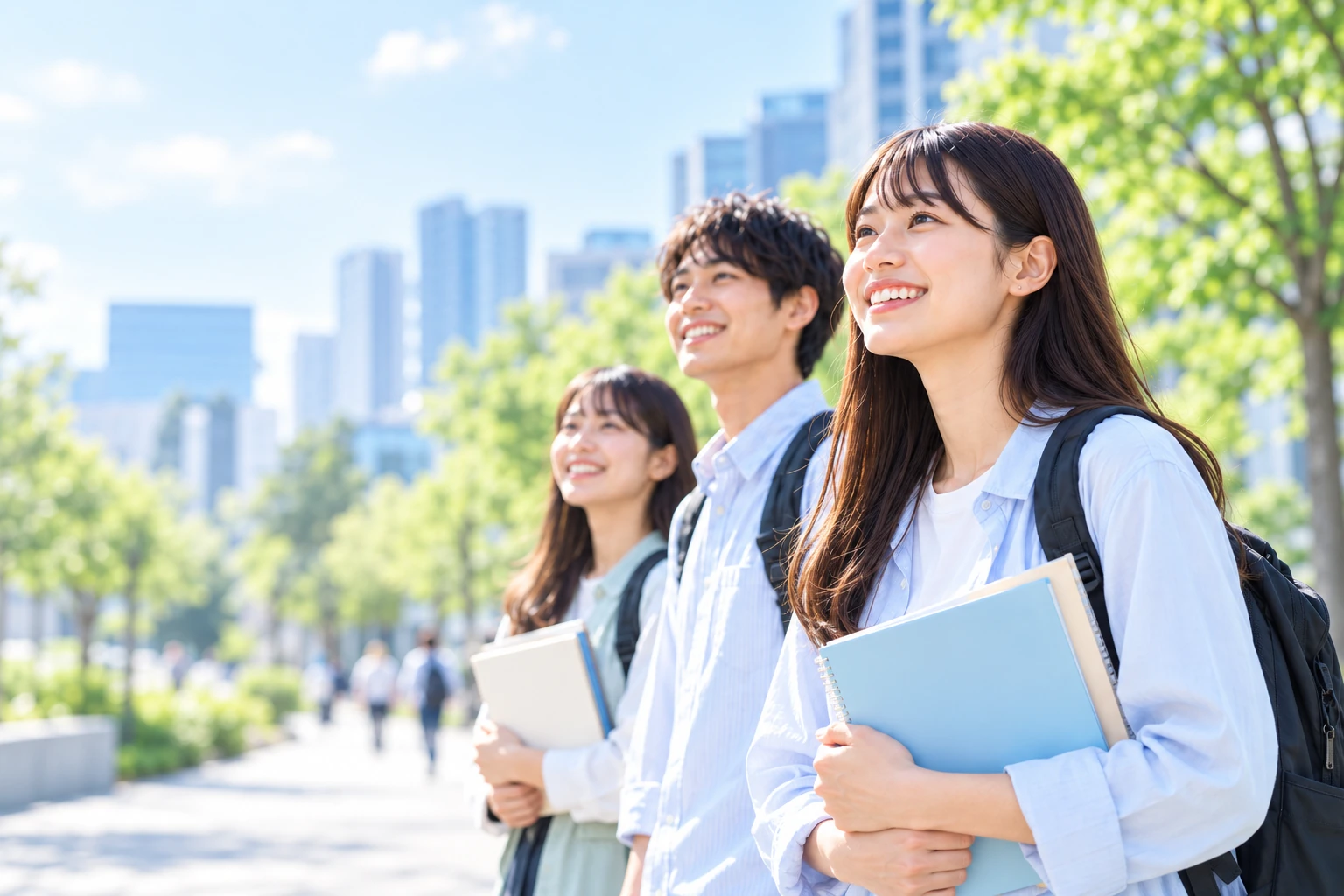 明るい街並みの中で未来に目を向ける大学生たちのイメージ