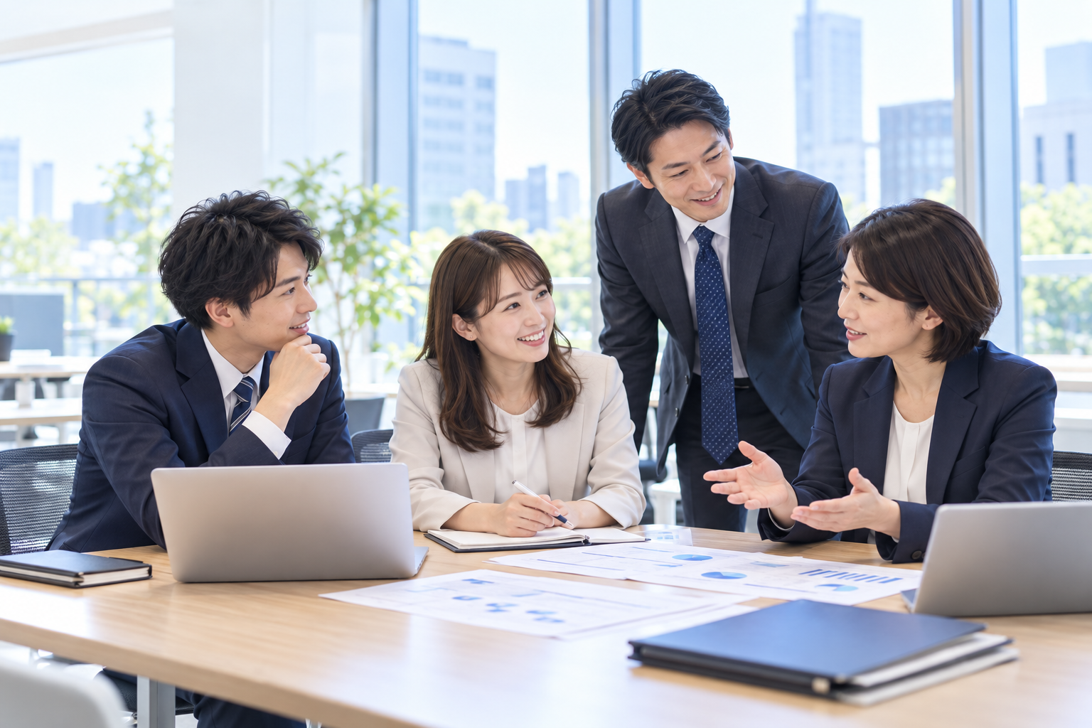 学生と企業担当者が明るいオフィスで話し合う様子