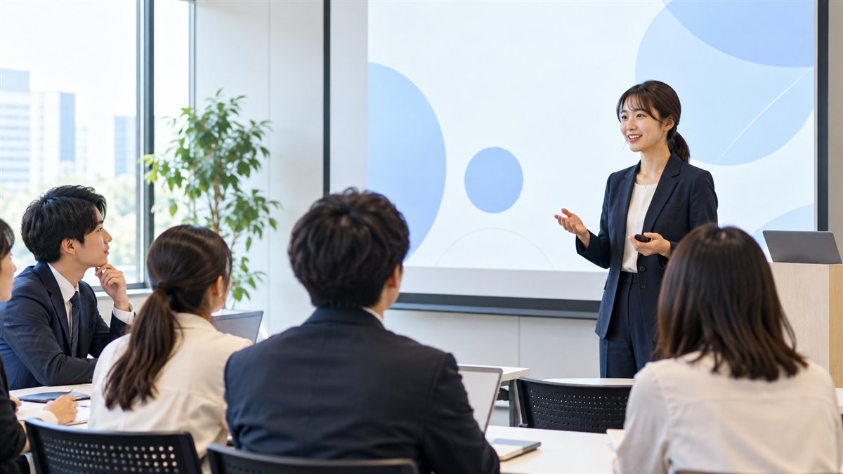 外国人留学生向けキャリアイベントで企業担当者が仕事内容を説明するイメージ