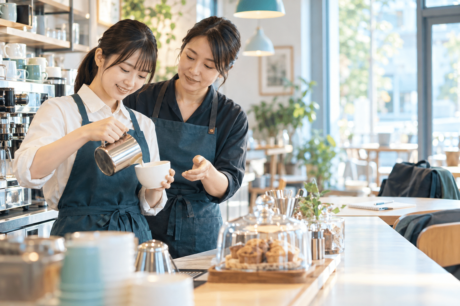 カフェの仕事を先輩スタッフから教わる大学生