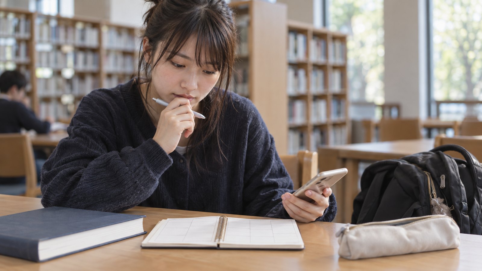 図書館で時間割とアルバイトの予定を考える大学生